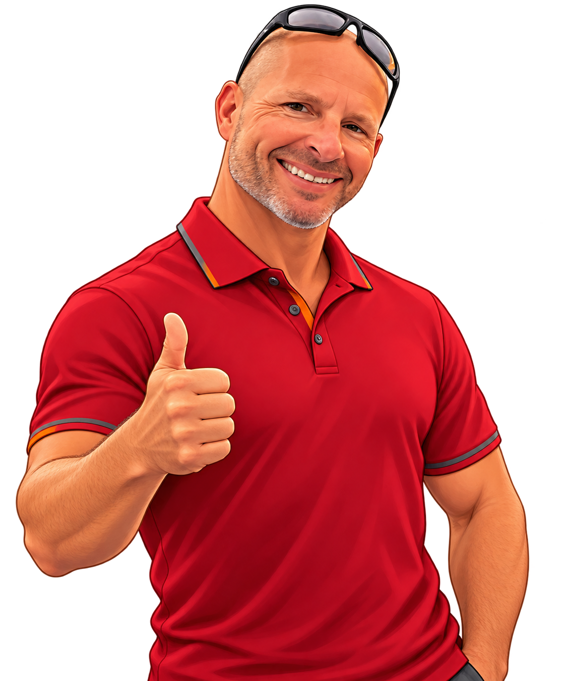 Friendly illustrated MarkPro guide with a red polo, sunglasses, and a thumbs up